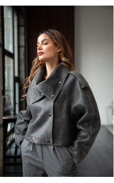 Жіноча куртка в стилі ВІНТАЖ сірого кольору з натуральної шкіри - фото 1