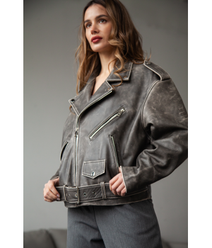 Жіноча куртка-косуха з шкіри теляти сірого кольору в стилі ВІНТАЖ - фото 13