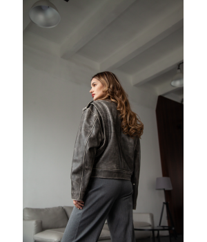 Жіноча куртка-косуха з шкіри теляти сірого кольору в стилі ВІНТАЖ - фото 4
