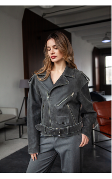 Женская стильная куртка-косуха серого цвета в стиле ВИНТАЖ из натуральной кожи - фото 1