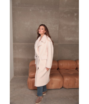 Женская дублёнка-пальто из натуральной шерсти овчины розового цвета - фото 1