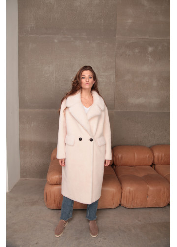 Женская дублёнка-пальто из натуральной шерсти овчины розового цвета - фото 1