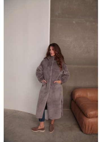 Жіноча дублянка-пальто з натуральної вовни овчини попелясто-сірого кольору - фото 1