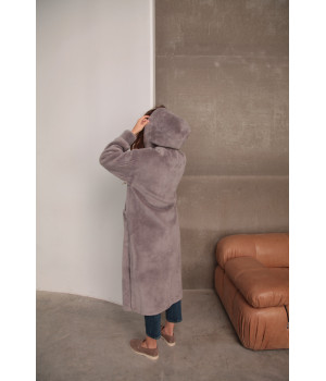 Женская дублёнка-пальто из натурально шерсти овчины пепельно-серого цвета - фото 3