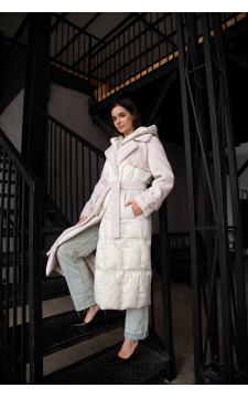 Жіноче пальто-пуховик молочного кольору з натуральним наповнювачем та овечою вовною рожевого кольору. - фото 1