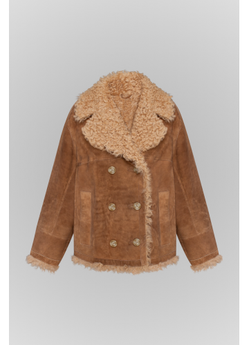 Замшева дублянка коричневого кольору із натуральної овчини - фото 1