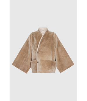 Двухсторонняя женская дубленка бежевого цвета из мериносовой овцы - фото 9