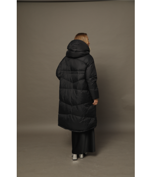Довгий жіночий пуховик чорного кольору в стилі OVERSIZE - фото 1