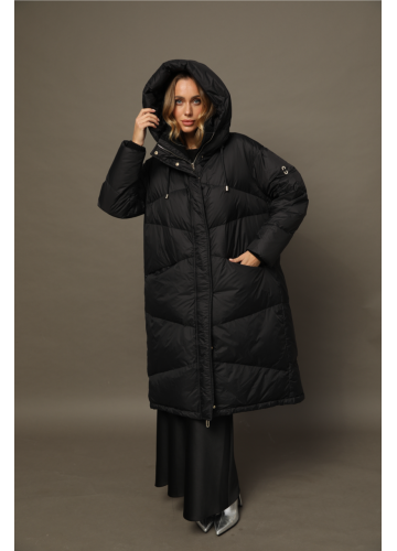 Довгий жіночий пуховик чорного кольору в стилі OVERSIZE - фото 1