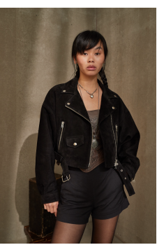 Куртка-косуха із натуральної замшевої шкіри чорного кольору в стилі OVERSIZE - фото 1