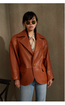 Стильная куртка-пиджак из натуральной коричневой кожи в стиле OVERSIZE - фото 1