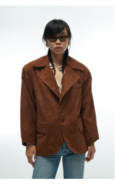 Замшевая куртка-пиджак из натуральной коричневой кожи в стиле OVERSIZE - фото 1
