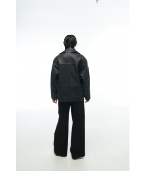 Стильная куртка-пиджак из натуральной чёрной кожи в стиле OVERSIZE - фото 4
