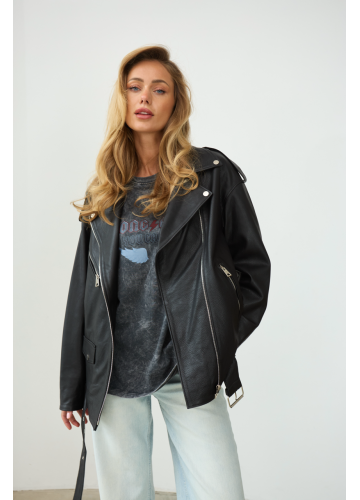 Класична куртка-косуха чорного кольору в стилі OVERSIZE - фото 1