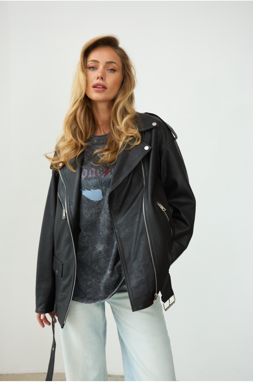 Класична куртка-косуха чорного кольору в стилі OVERSIZE - фото 0