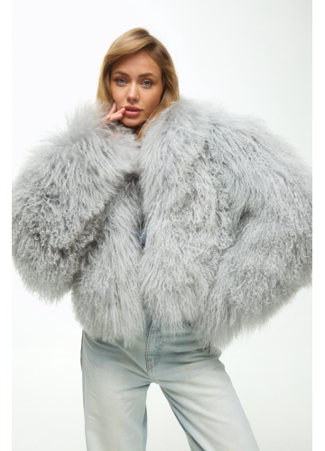 Женская дублёнка серого цвета из натуральной ламы - фото 1