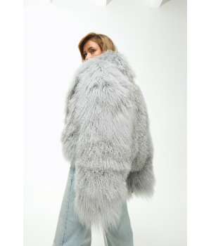 Женская дублёнка серого цвета из натуральной ламы - фото 4
