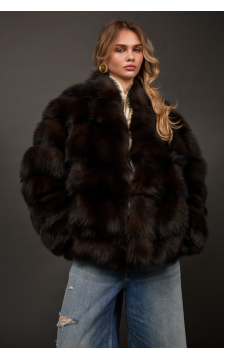 Стильная шуба из лисы темно-шоколадного цвета - фото 1