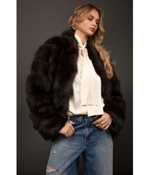 Стильная шуба из лисы темно-шоколадного цвета - фото 0