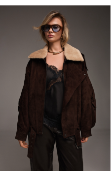 Замшевая куртка-косуха коричневого цвета с меховым воротником - фото 1