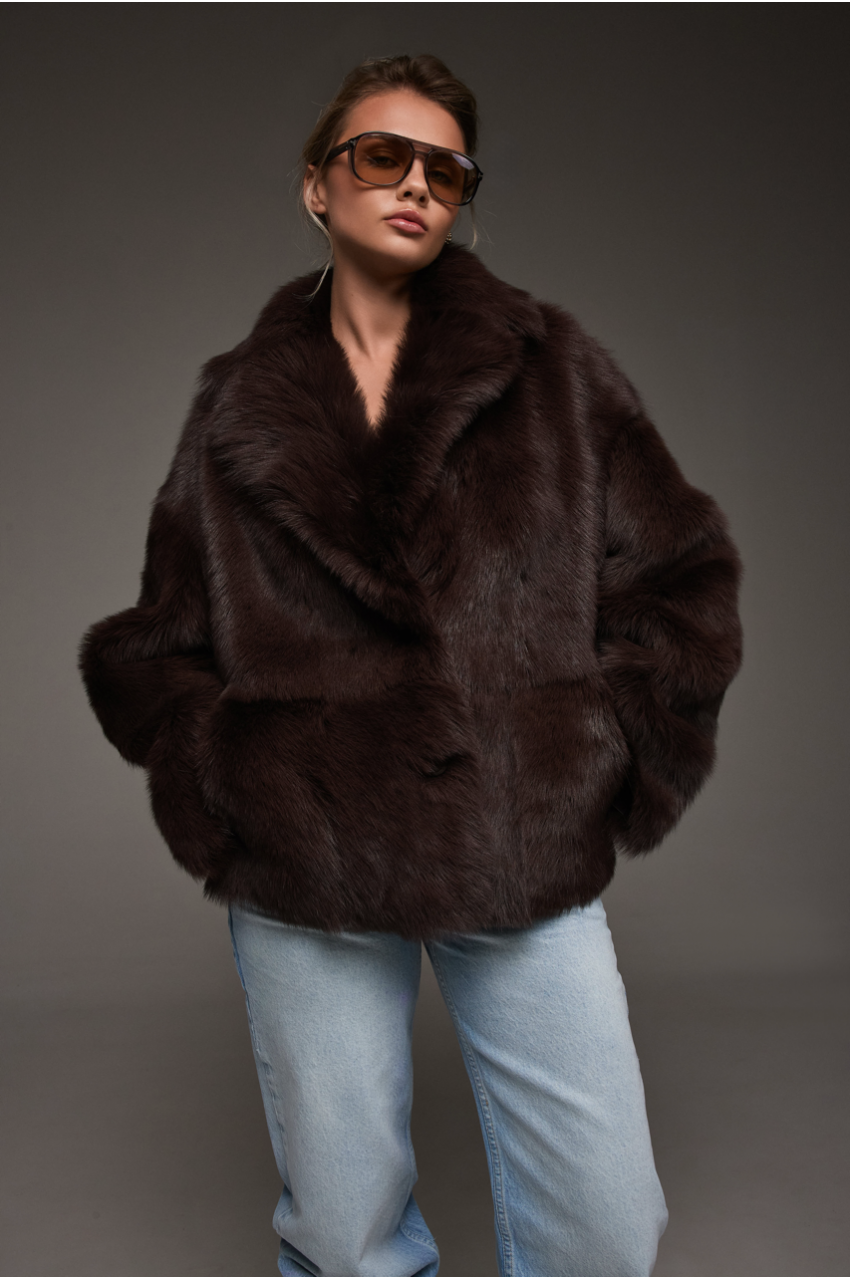 Двухсторонняя дубленка с тосканской овцы темно-шоколадного цвета - фото 0