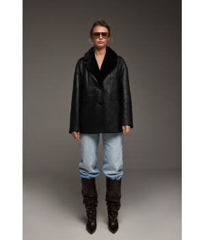 Классическая двусторонняя дубленка-пиджак черного цвета - фото 2