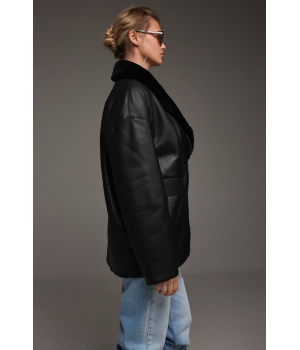 Классическая двусторонняя дубленка-пиджак черного цвета - фото 0