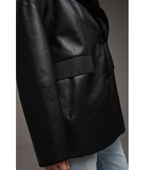 Классическая двусторонняя дубленка-пиджак черного цвета - фото 3