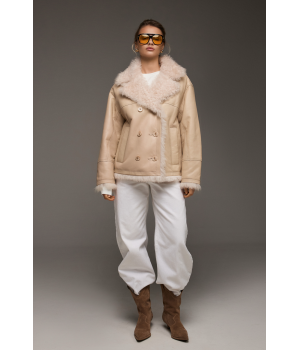 Дубленка бежевого цвета из натуральной овчины - фото 5