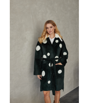 Дублянка із натуральної овчини зеленого кольору з принтом горох та норковим коміром - фото 12