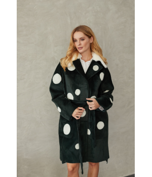 Дублянка із натуральної овчини зеленого кольору з принтом горох та норковим коміром - фото 14