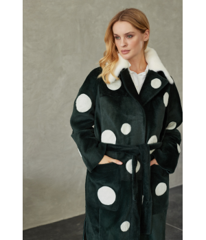 Дублянка із натуральної овчини зеленого кольору з принтом горох та норковим коміром - фото 9