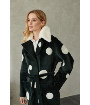 Дублянка із натуральної овчини зеленого кольору з принтом горох та норковим коміром - фото 7