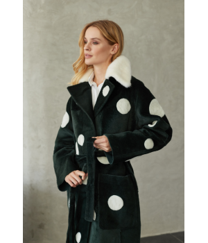 Дублянка із натуральної овчини зеленого кольору з принтом горох та норковим коміром - фото 6