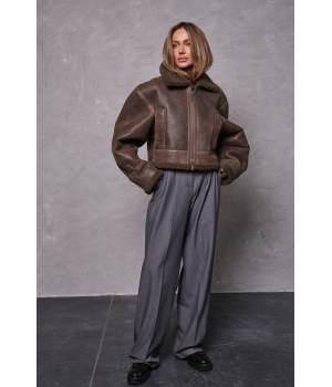 Короткая дубленка шоколадного цвета из натуральной овчины в стиле OVERSIZE - фото 7