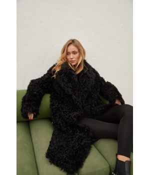 Довга двостороння дублянка із натуральної овчини чорного кольору - фото 0