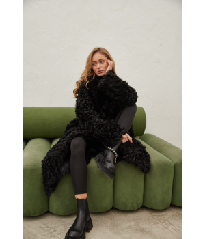 Довга двостороння дублянка із натуральної овчини чорного кольору - фото 12