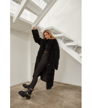 Довга двостороння дублянка із натуральної овчини чорного кольору - фото 10