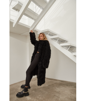 Довга двостороння дублянка із натуральної овчини чорного кольору - фото 8