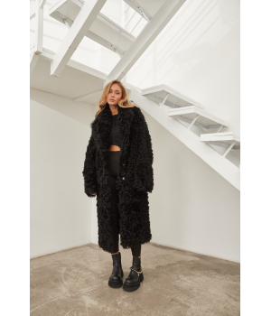 Довга двостороння дублянка із натуральної овчини чорного кольору - фото 9