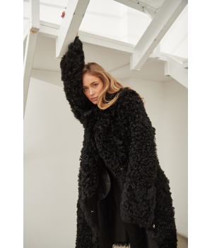 Довга двостороння дублянка із натуральної овчини чорного кольору - фото 4