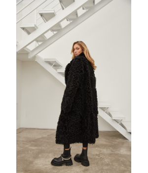 Довга двостороння дублянка із натуральної овчини чорного кольору - фото 3