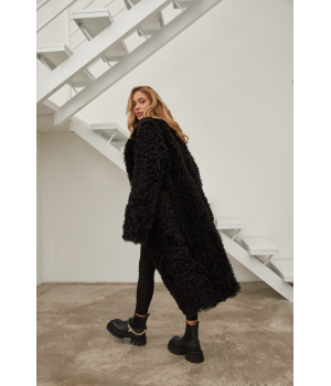 Довга двостороння дублянка із натуральної овчини чорного кольору - фото 2