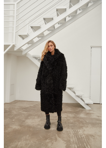 Довга двостороння дублянка із натуральної овчини чорного кольору - фото 1