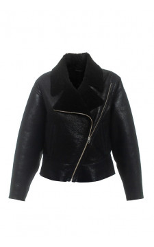 Короткая дубленка-бомбер черного цвета из натуральной овчины - фото 1