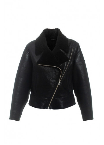 Коротка дублянка-бомбер чорного кольору з натуральної овчини - фото 1