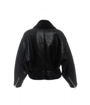 Коротка дублянка-бомбер чорного кольору з натуральної овчини - фото 0