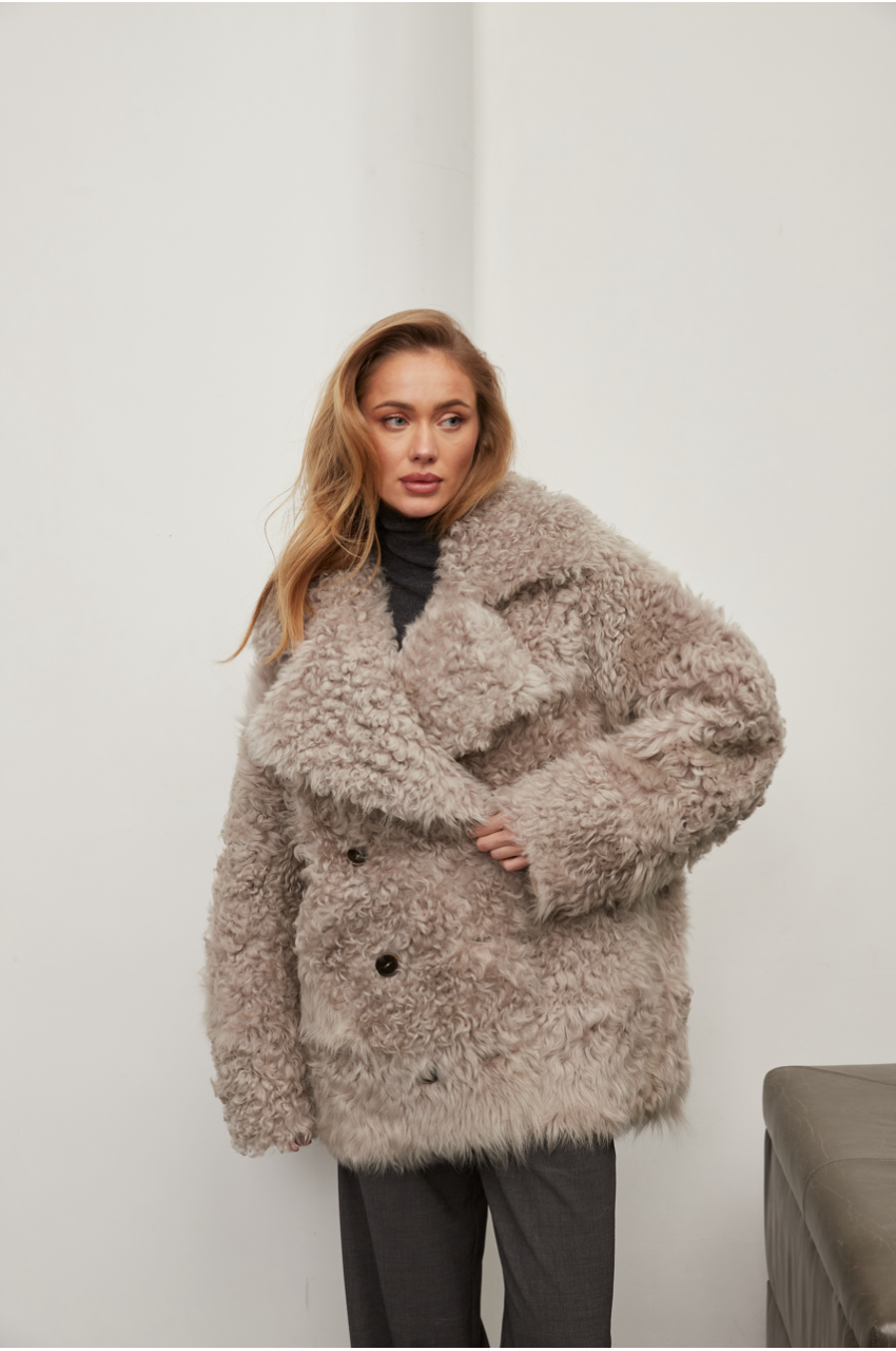 Жіноча двостороння дублянка із натуральної овчини сірого кольору - фото 0
