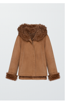 Замшева дублянка коричневого кольору з капюшоном - фото 1