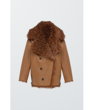 Двостороння кудрява дублянка коричневого кольору із натуральної овчини в стилі OVERSIZE - фото 1